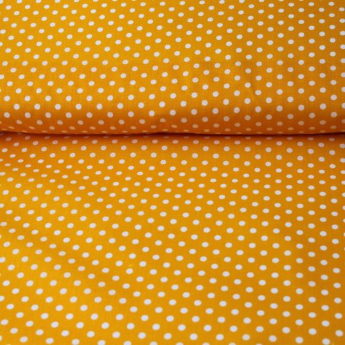 Bavlněná látka tmavě žlutá - bílý puntík - Šířka materiálu (cm): 145, Vyberte šití a stužku: bez obšití