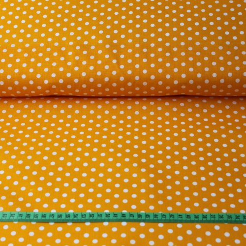 Bavlněná látka tmavě žlutá - bílý puntík - Šířka materiálu (cm): 145, Vyberte šití a stužku: bez obšití