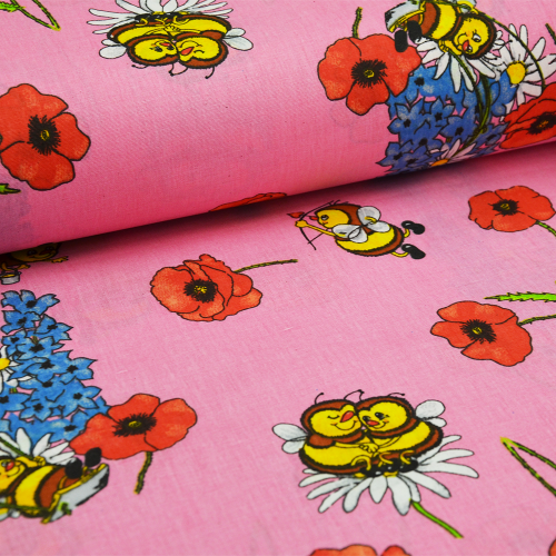 Dekorační látka růžová se včelkami - Šířka materiálu (cm): 140, Vyberte šití a stužku: bez obšití