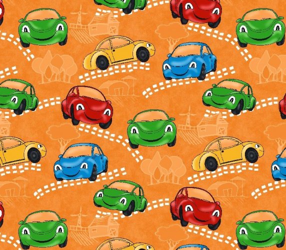 Dětská dekorační látka auta na oranžovém pozadí - Šířka materiálu (cm): 150, Vyberte šití a stužku: bez obšití